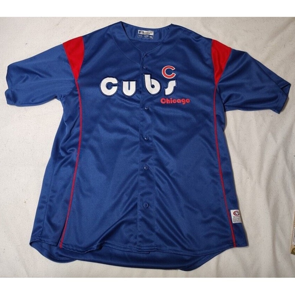 MLB Chicago Cubs True Fan Blue Red‎ Button Up Short Sleeve Stitched Jersey XL FF